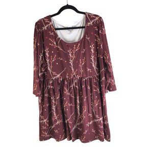 Nanu Womens Floral Print Tunic Mini Dress 3/4 Sleeve Stretch Burgundy 1X